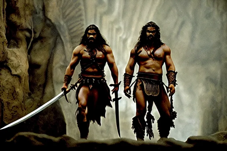 Image similar to 7 0 mm film still from conan the barbarian, jason momoa as conan with a giant sword wearing ornate dragon armor in the wet catacombs of skulls and snakes, cinematic, volumetric lighting, mist, wet skin and windblown hair, muscular!!!, heroic masculine pose, ridley scott