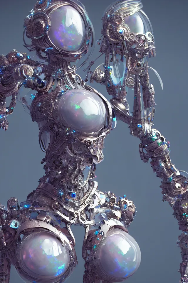 Image similar to statue venus, crystal and opal biomechanical, inflateble shapes, wearing epic bionic cyborg implants, masterpiece, intricate, biopunk futuristic wardrobe, vogue, highly detailed, artstation, concept art, background galaxy, cyberpunk, octane render