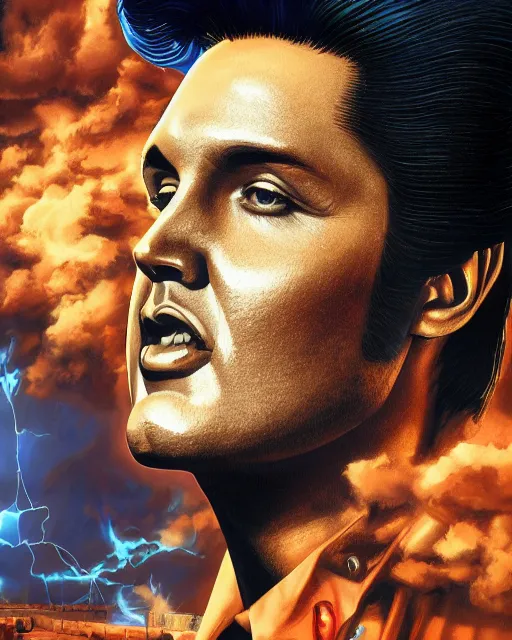 Prompt: a powerful energy elvis presley, by alexander fedosav, hyper detailed digital matte painting, concept art, hyperrealism, 1 6 k resolution, cinema 4 d, 8 k resolution, trending on artstation, behance hd, a masterpiece, by stephan martiniere, particles, cel - shaded, power bright neon energy, by david a. hardy,