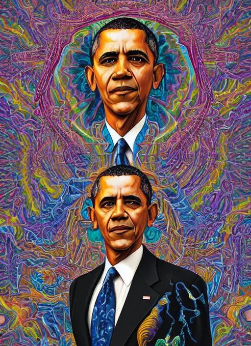 Image similar to beautiful oil painting, full length portrait of Barack Obama in coronation robes 1701, Dan Mumford, Dan Mumford, Alex grey, Alex grey, highly detailed , lsd visuals, dmt fractal patterns, hallucinogen, visionary art, psychedelic art, ornate, vaporwave, baroque