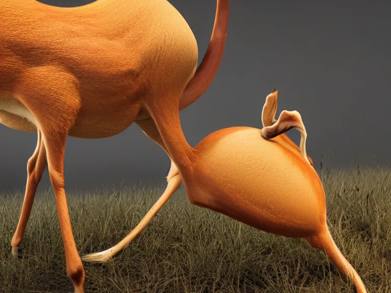 Prompt: An antelope with many large yellowish leathery, rounded convex tumors, sacs, and humps of various sizes growing on its spine. Concept art, octane render, extremely high detail, details, hyperrealism, cinematic, 8k, depth of field