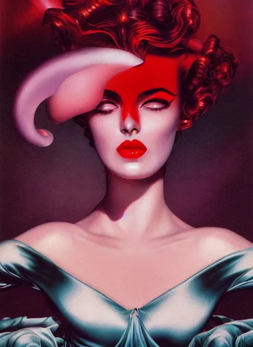 Image similar to an 8 0 s portrait of a woman with dark eye - shadow and red lips with dark slicked back hair dreaming acid - fueled hallucinations by serge lutens, rolf armstrong, delphin enjolras, peter elson