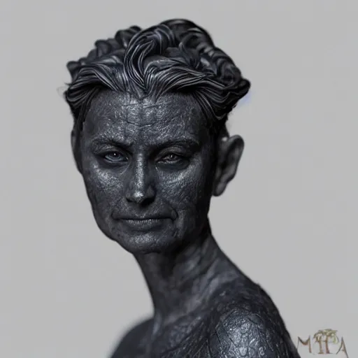 Image similar to photo taken of an epic intricate, ultra detailed, super realistic bust of a majestic gracious regal aristocratic brunette female vampire created by weta workshop, menacing, some zoomed in shots, photorealistic, sharp focus, white wall, extremely cold blueish colour temperature, 3 5 mm, f 1. 4, golden ratio