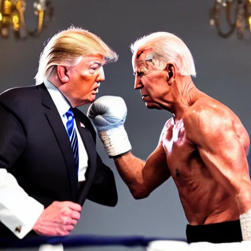 Image similar to donald trump and joe biden boxing in a boxing match photo - realistic