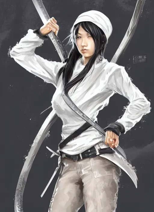 Prompt: a highly detailed illustration of fierce messy ponytail black haired one armed delinquent japanese woman wearing white cap wearing long white jacket, dramatic wielding katana pose, muscular, intricate, elegant, highly detailed, centered, digital painting, artstation, concept art, smooth, sharp focus, league of legends concept art, wlop.