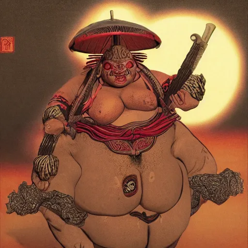 Image similar to character portrait of a plump rubenesque woman shugoki wearing samurai o - yoroi, mortal shell, scorn game, by h r geiger and beksinski, grim dark, lara sava, ukiyo - e, cg society, tone mapping, global illumination,