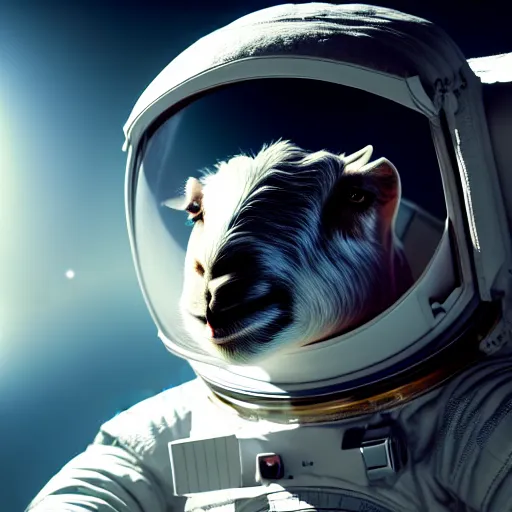 Image similar to professional photo goat on four feet in astronaut suit on the moon, closeup shot, hyperrealistic masterpiece, trending on artstation, cgsociety, kodakchrome, golden ratio, cinematic, composition, beautiful lighting, hyper detailed, sharp focus, octane render, 4 k, unreal engine