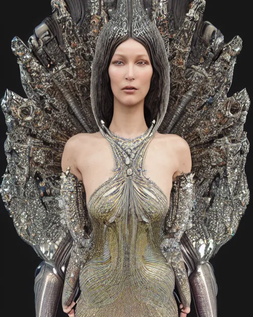 Image similar to a highly detailed metahuman 4 k close up render of an alien goddess bella hadid monument vampire in iris van herpen dress schiaparelli in diamonds crystals swarovski and jewelry iridescent in style of alphonse mucha gustav klimt trending on artstation made in unreal engine 4