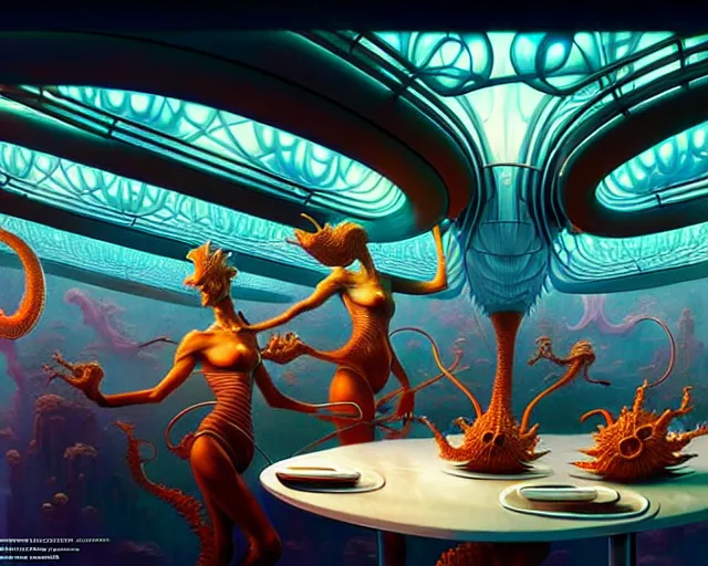 Image similar to a futuristic mcdonalds restaurant, fantasy landscape made of fractals facing each other, ultra realistic, wide angle, intricate details, the fifth element artifacts, highly detailed by peter mohrbacher, hajime sorayama, wayne barlowe, boris vallejo, aaron horkey, gaston bussiere, craig mullins