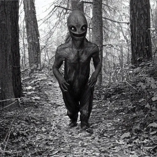 Image similar to old photo of an alien walking through the woods