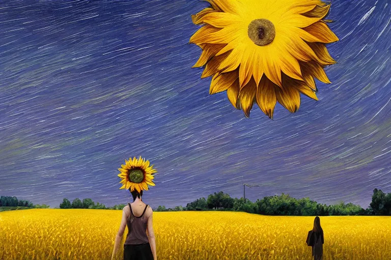 Image similar to giant sunflower as a head, girl walking in wheat field, hills, surreal photography, dark night, star trails, dramatic light, impressionist painting, clouds, digital painting, artstation, simon stalenhag