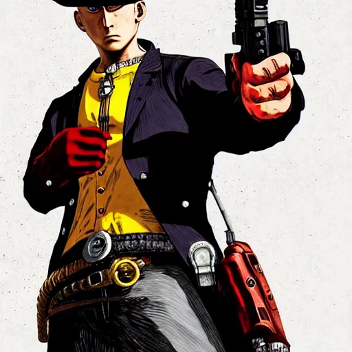 Image similar to a portrait of one punch man holding gun in the red dead redemption 2 character art style, digital art, trending on artstation, behance, intricate details, ornate, hyper realism, humongous view, smooth, cinematic