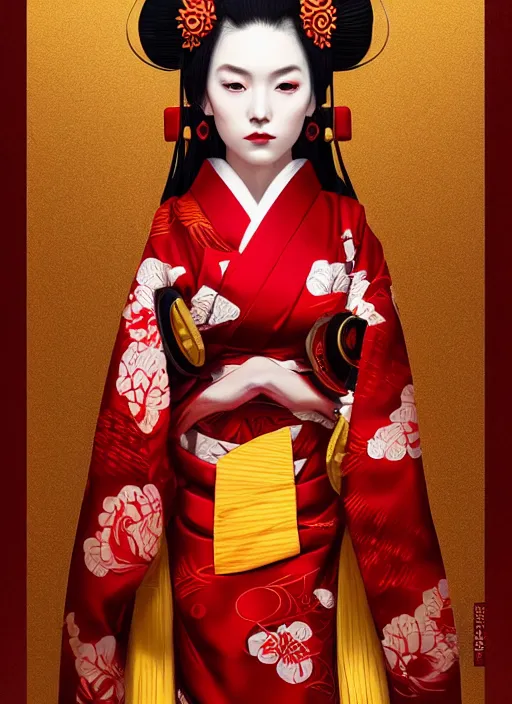 Image similar to dreamlike luxury stunning oiran portrait, red and gold kimono, art by artgerm, wlop, loish, ilya kuvshinov, 8 k realistic, hyperdetailed, beautiful lighting, detailed background, depth of field, symmetrical face, frostbite 3 engine, cryengine,