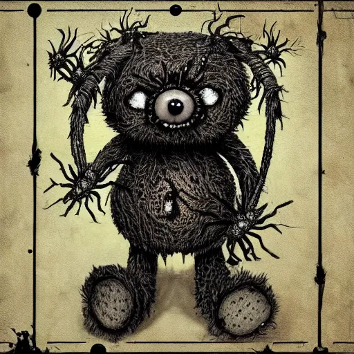 Prompt: dark art cartoon grunge drawing of a teddy bear made of spiders playing with toys with bloody eyes by tim burton - loony toons style, horror theme, detailed, elegant, intricate, trending on art station