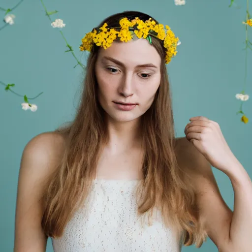 Prompt: a portrait of beautiful nordic woman wearing a white folkdrakt dress and headband of small yellow flowers. teal studio backdrop, medium close - up.