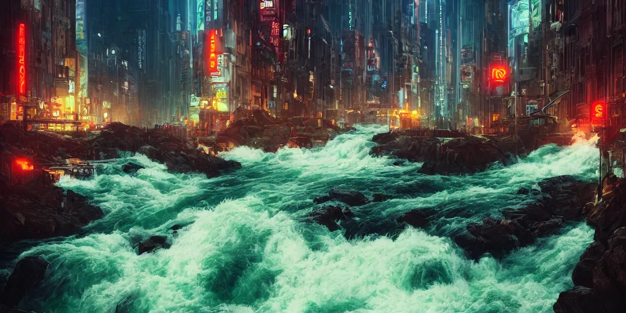 Image similar to street level view of turbulent river rapids rushing through a city at night , volumetric lighting, green and red glowing lights, 4k, octane, digital painting, artstation, concept art, sharp focus, illustration, high contrast, high saturation , cinematic film still, by by artgerm and greg rutkowski and alphonse mucha , wide angle view