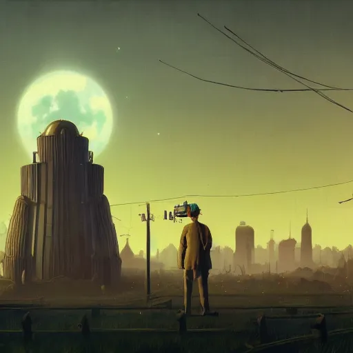 Image similar to An atompunk city with the moon shining through the clouds in utopia by Simon Stålenhag and Greg Rutkowski,In style of Grant Wood.hyper detailed,8K Resolution,unreal engine 5,Ray Tracing,highly realistic.trending on Artstation