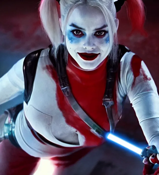 Prompt: harley quinn in star wars, movie still frame, hd, remastered, film grain, cinematic lighting