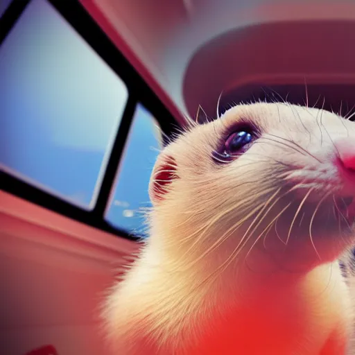 Prompt: A ferret riding inside of a spaceship, medium shot, over-the-shoulder shot, 4800k, Anaglyph, professional photography