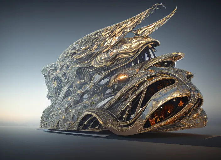 Prompt: ceremonial state coach, white pearlescent, chrome, iridescent titanium, crystal, liquid gold, copper, bronze hybrid biomechanical architecture, cinematic, crystalline masterpiece incrustations, hyperdetailed metalwork, in volumetric soft glowing mist, movie still, octane render, pixar, crepuscular rays,