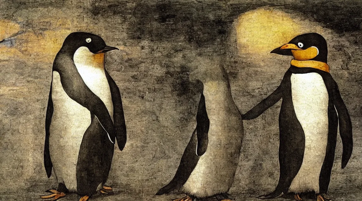 Prompt: Linux Tux penguin wallpaper painted by Leonardo da Vinci