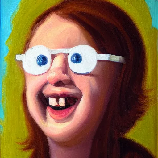 Prompt: Oval marshmallow smiling and wearing glasses, oil painting