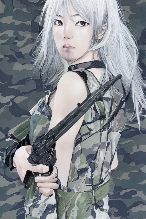 Prompt: silver hair girl, multicam (camo), cinematic portrait, ilustration by Takehiko Inoue
