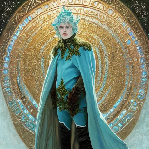 Prompt: a close - up portrait of an androgynous handsome male snow elf in a turquoise cape and silver armour, albino skin, winter vibes, elegant, very coherent symmetrical artwork, by tomasz alen kopera and alphonse mucha and charlie bowater, photorealistic