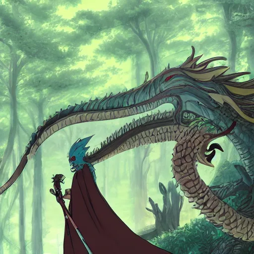 Image similar to concept art painting of an anthropomorphic dragon king with robes, a long dragon neck, and skull mask, in a deep forest, cel shaded, in the style of makoto shinkai and james gurney and studio ghibli and moebius