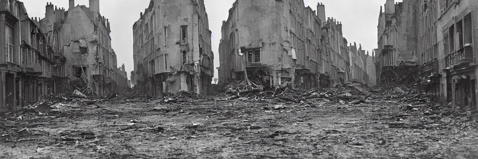 Image similar to a colour photo of the street of saint - malo after being bombed in 1 9 4 5 at night