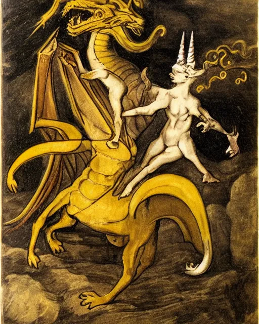 Prompt: a portrait of a unicorn fighting a dragon in the style of Goya