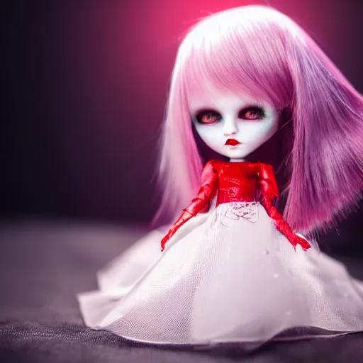 Image similar to adorable vampire themed high end fashion doll and accessories, on a table under a lamp light shining down over it like a spot light, god rays, dust particles, photorealistic, aesthetic shot, worms eye view, macro camera lens, high definition, thematic, cinematic, lens flare