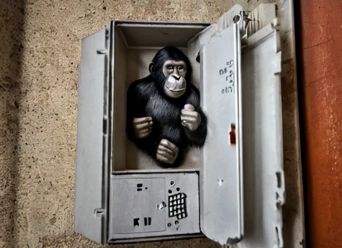 Image similar to human - ape hybrid inside fuse box in post communist apartment building