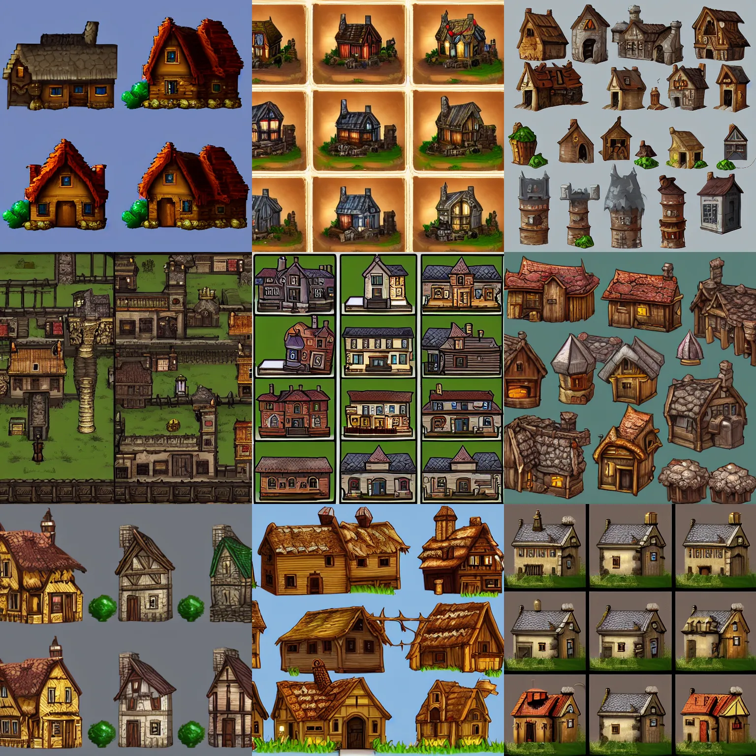 Prompt: collection of medieval houses on transparent background, 2 d game assets, sprites, diablo style