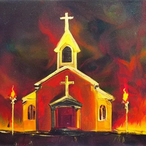 Prompt: A painting of a church on fire in the night