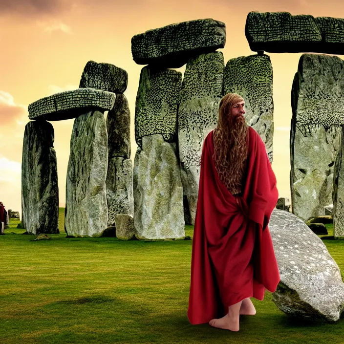 Image similar to photograph of a real-life beautiful druid with ornate robes at stonehenge . Extremely detailed. 8k