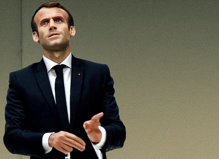 Prompt: hyper realistic, production still of emmanuel macron playing neo in matrix ( 1 9 9 9 ), 4 k, highly detailed, anamorphic