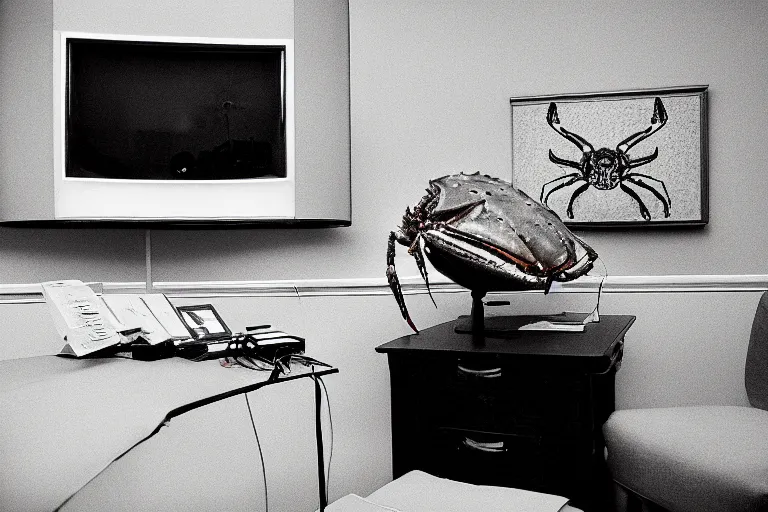 Prompt: giant crab attacking the oval office, in 2 0 1 2, bathed in the the glow of a crt television, low - light photograph, photography by tyler mitchell