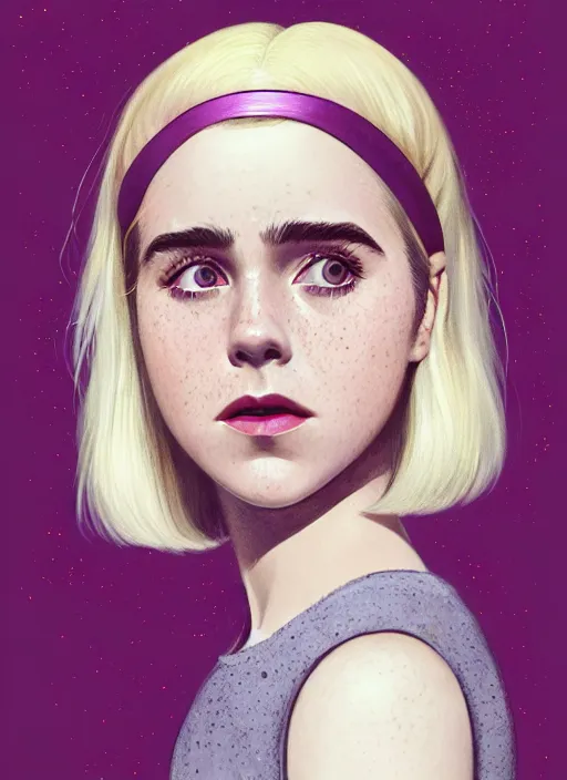 Image similar to portrait of kiernan shipka with freckles, white hair, 1 9 6 0 s bob hairstyle, hairstyle with bangs, 1 9 6 0 s bob hair with bangs and hairband, intricate, elegant, glowing lights, highly detailed, digital painting, artstation, concept art, smooth, sharp focus, illustration, art by wlop, mars ravelo and greg rutkowski