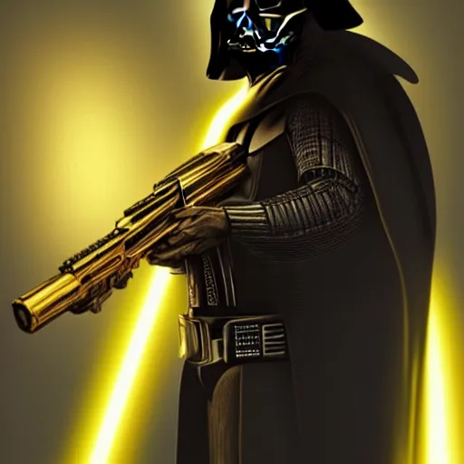 Image similar to gold bordered portrait of darth vader holding a golden ak - 4 7, hyper realistic, surreal, gothic, cyberpunk, nightcore, 4 k, highly detailed, beautifully rendered