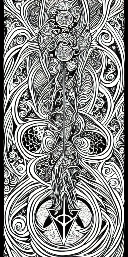 Image similar to a beautiful black and white fractal tarot card featuring bold occult imagery with clean lines. ocean fish cthulhu. detailed adult coloring book