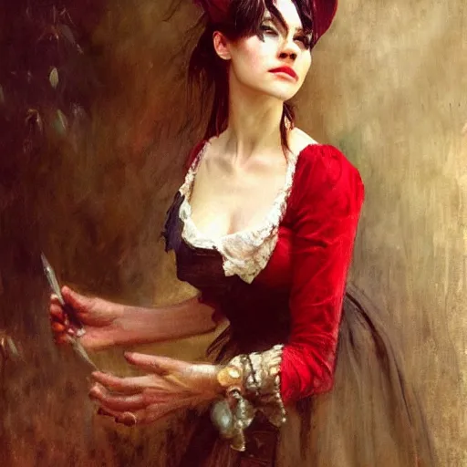 Prompt: Solomon Joseph Solomon and Richard Schmid and Jeremy Lipking victorian genre painting portrait painting of a young beautiful woman traditional exotic german french actress model pirate wench in fantasy costume, red background