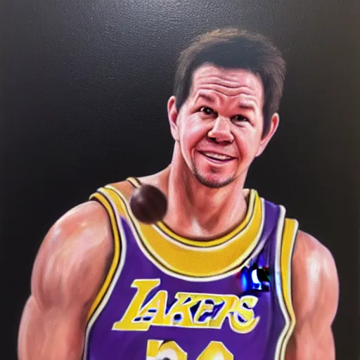 Image similar to portrait of mark wahlberg playing basketball in a lakers uniform, oil on canvas by william sidney mont, trending on art station