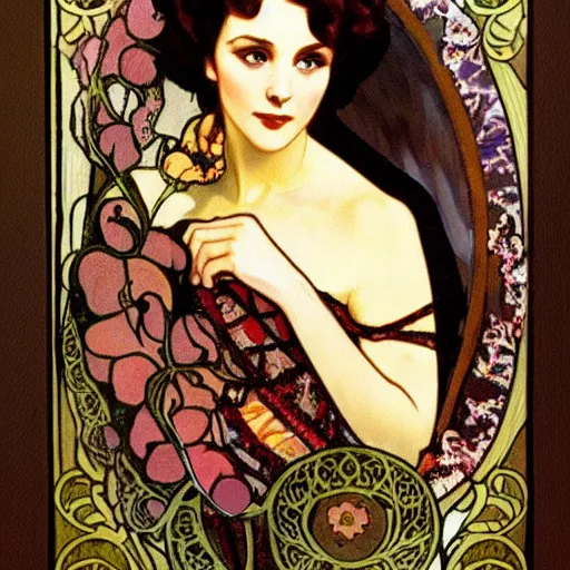 Prompt: a stylized closeup portrait of a young vivian leigh, arabesque forms, art nouveau, jugendstil, decorative background, painted by alphonse mucha