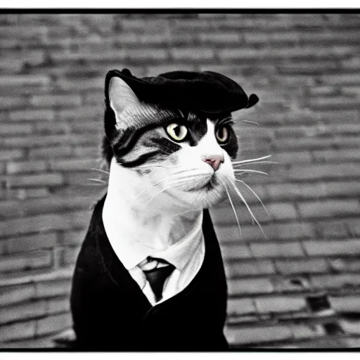 Prompt: A cat dressed as Otto von Bismarck, black and white photo, f 1.8, film grain