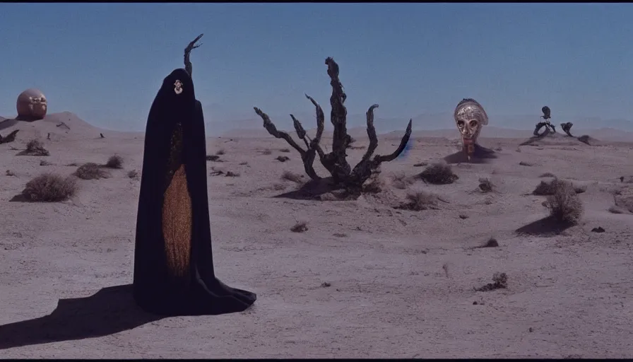 Image similar to glowing bene gesserit in full - face golden glowing mask meet salvador dali in a black rocky desert landscape with alienabandoned city beneath the sand and giant alien spaceship in the sky attacks the earth by christopher doyle and alejandro jodorowsky, anamorphic lens, kodakchrome, cinematic composition, very detailed photo, 8 k,