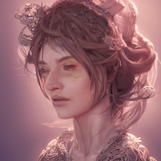 Image similar to studio portrait of neutral good colorful female cleric bard healer as absurdly beautiful, elegant, young sensual pretty woman, ultrafine hyperrealistic detailed face illustration by kim jung gi, irakli nadar, intricate linework, sharp focus, bright colors, matte, octopath traveler, final fantasy, unreal engine highly rendered, global illumination, radiant light, intricate environment