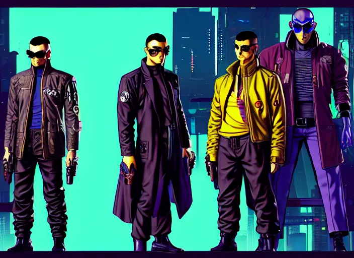 Image similar to cyberpunk yakuza enforcers. portrait by stonehouse and mœbius and will eisner and gil elvgren and pixar. character design. realistic proportions. cyberpunk 2 0 7 7 character art, blade runner 2 0 4 9 concept art. cel shading. attractive face. thick lines. the team. diverse characters. artstationhq.