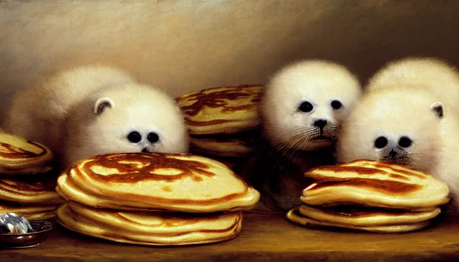 Image similar to highly detailed painting of cute furry white baby seals in a pile of jam pancakes on a table by william turner, by greg rutkowski, by william constable, thick brush strokes and visible paint layers, 4 k resolution