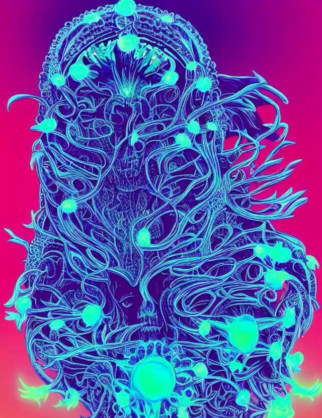 Image similar to symmetrical, centered, goddess close-up portrait wigh crown made of skulls. phoenix betta fish, phoenix, bioluminiscent creature, super intricate ornaments artwork by Tooth Wu and wlop and beeple and Dan Flavin and David Spriggs and Daniel Buren and greg rutkowski